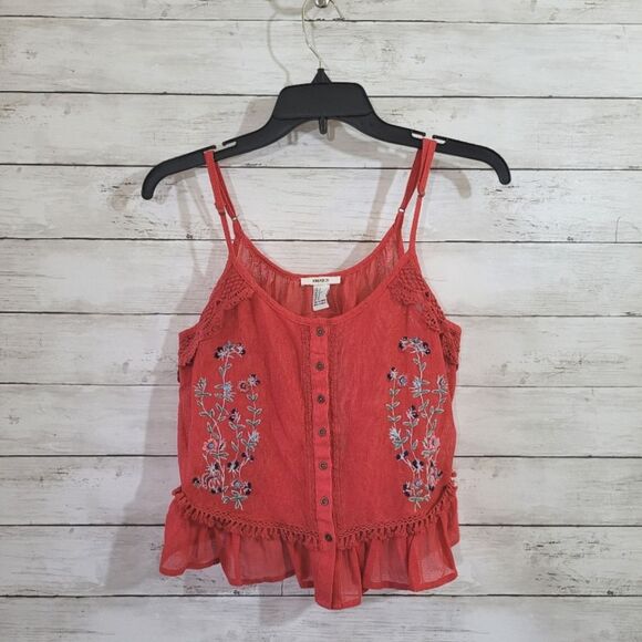 Forever 21 Sheer Embroidered Floral Cropped Tank Top Adjustable Straps Sz Small - Picture 10 of 10